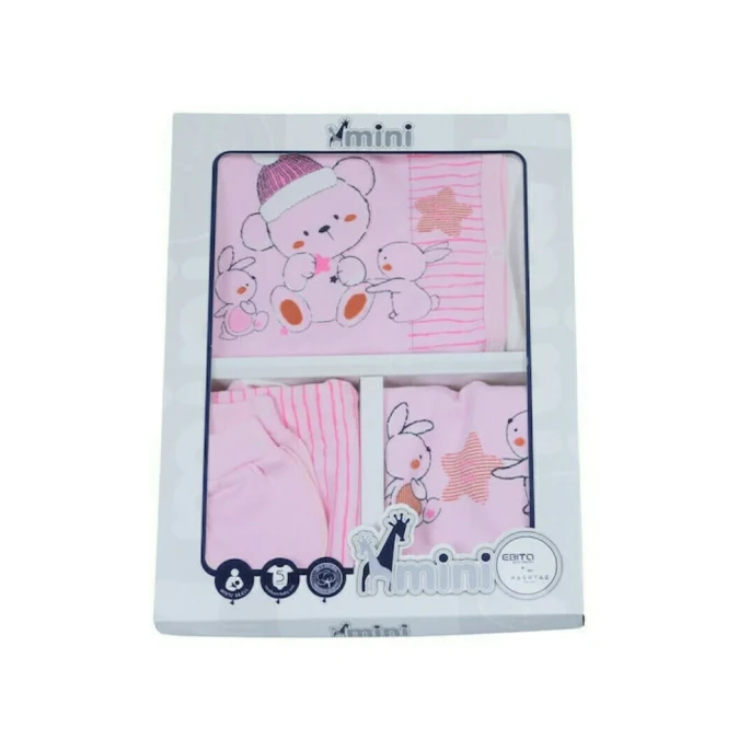 Βρεφικό σετ 5τμχ βελουτέ για κορίτσι λευκό - ροζ αρκουδάκια Mini MI-050 - 2
